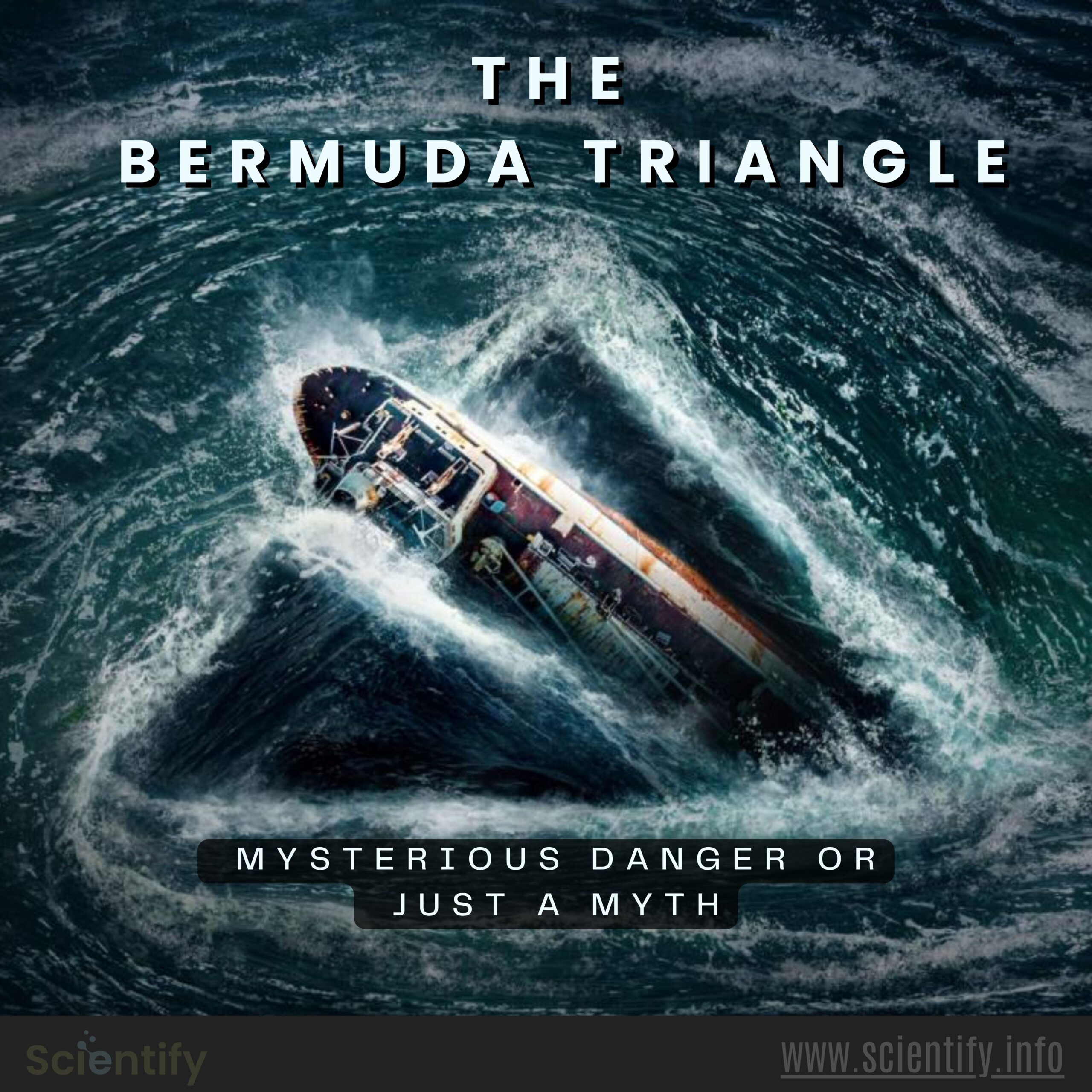 Image is showing a whirlpool where a ship is drowning with the article title the bermuda triangle.
