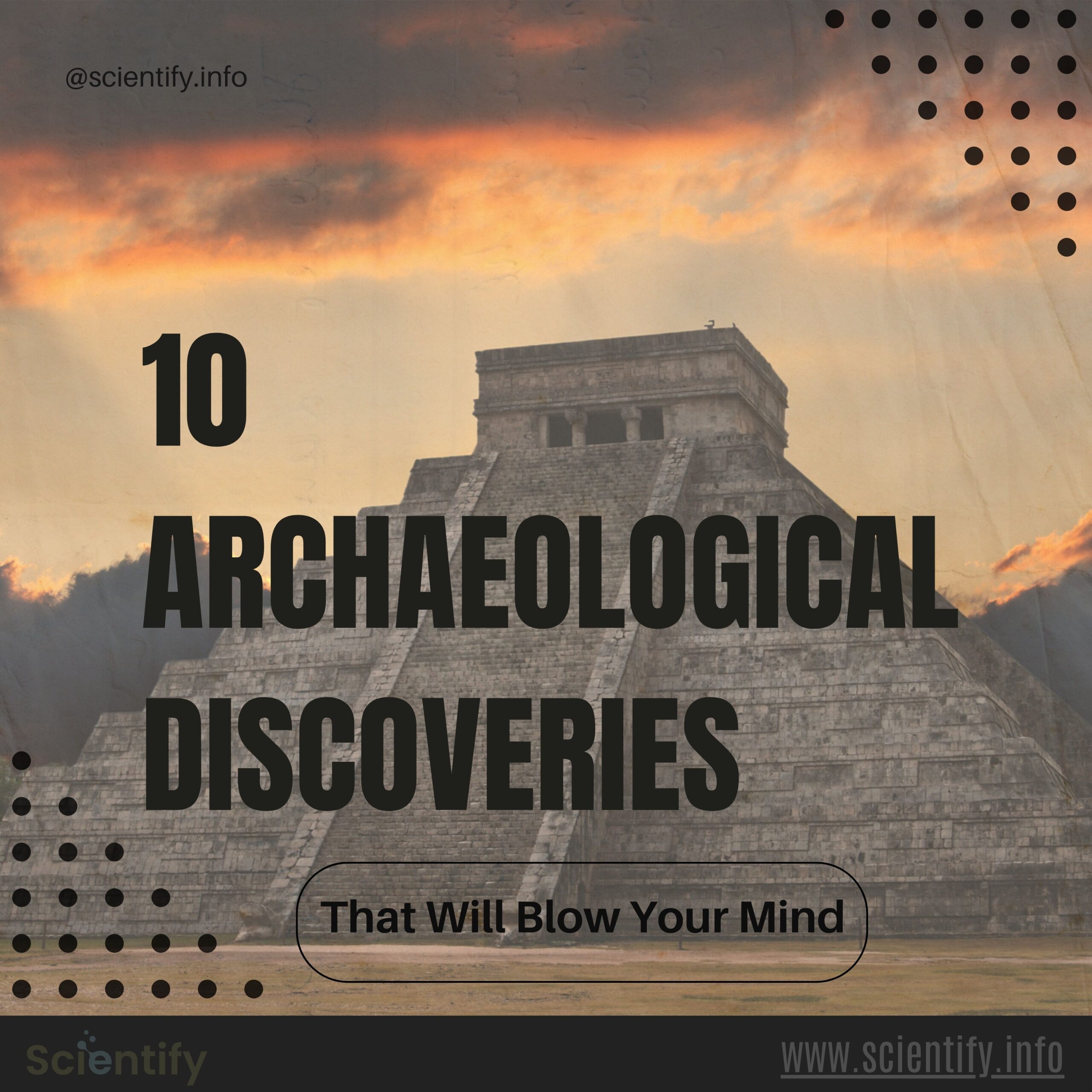 Image showing chichen itza and text about archaeological discoveries.